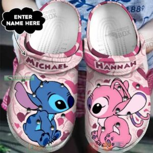 Custom Name Stitch And Angel Pink Crocs Gift For Couple