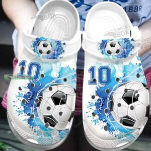 Personalized Number Soccer Goal Blue White Watercolor Crocs Shoes