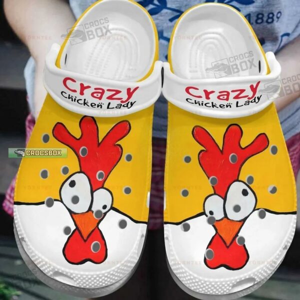 Crazy Chicken Lady White And Yellow Crocs Shoes