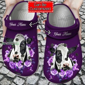 Custom Purple Roses And Cow Crocs Shoes