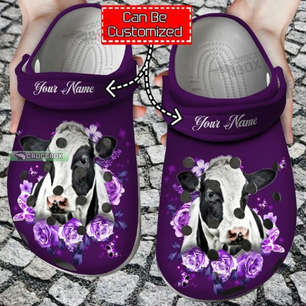 Purple Roses And Cow Crocs Shoes Cow