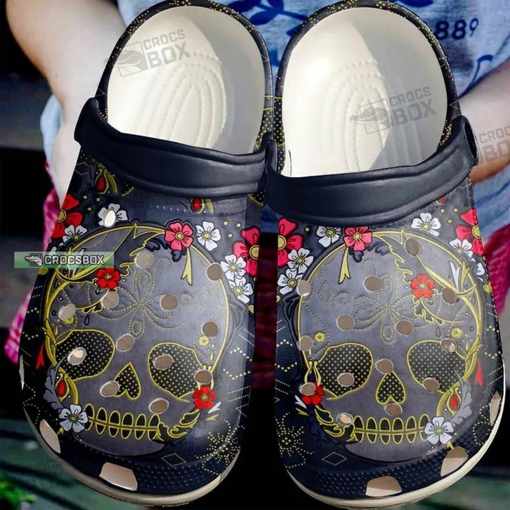 Skull And Flower Floral Crocs Shoes