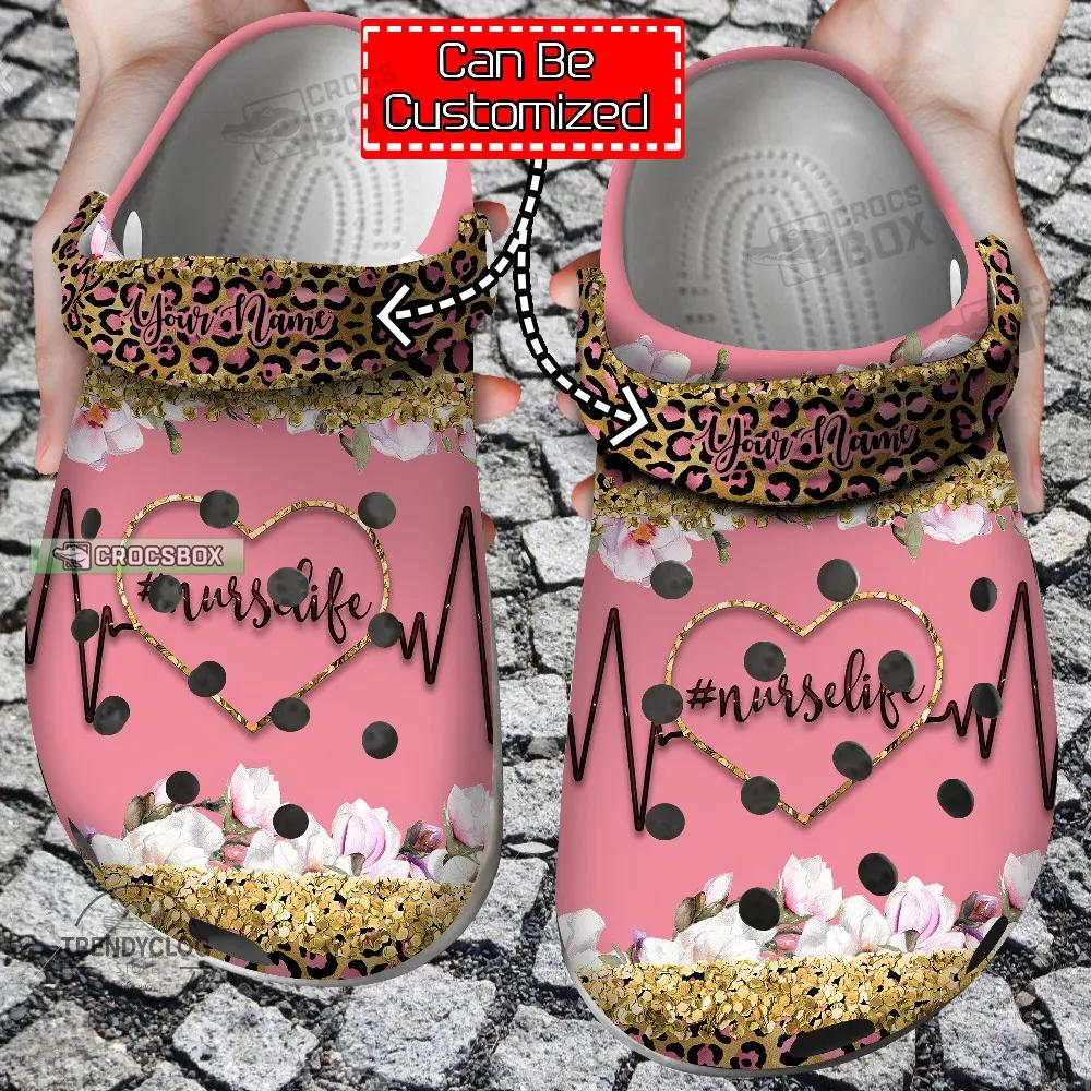 Personalized Nurse Life Heart Glitter Leopard Crocs Shoes