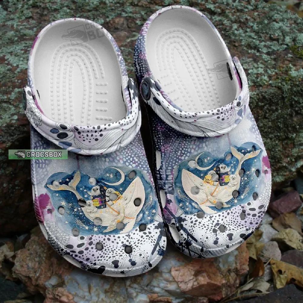 Hippie White Whale With Baby Seal Magic Ocean Crocs Shoes Gifts