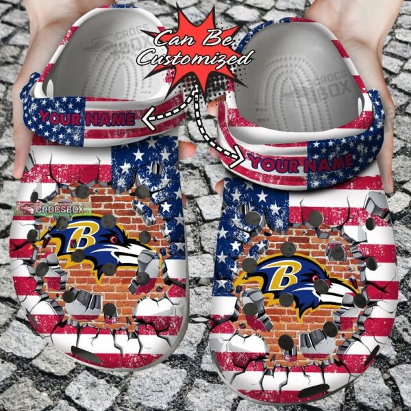 Personalized Baltimore Ravens American Flag Crocs Shoes
